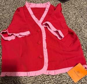 Tankaneo Red Short Sleeve Button-Down Top with Pink Ruffle Trim